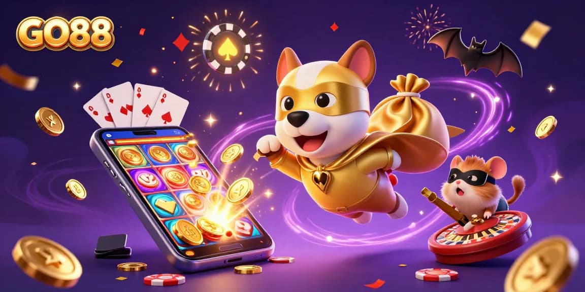 Engage in thrilling GO88 gaming adventures with a dynamic scene featuring cartoon superhero dog and hamster amidst gold coins and casino elements.