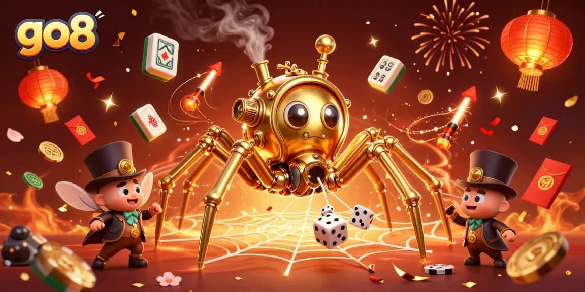 Feeling lucky with go8 as a golden spider catches dice in a vibrant casino scene.