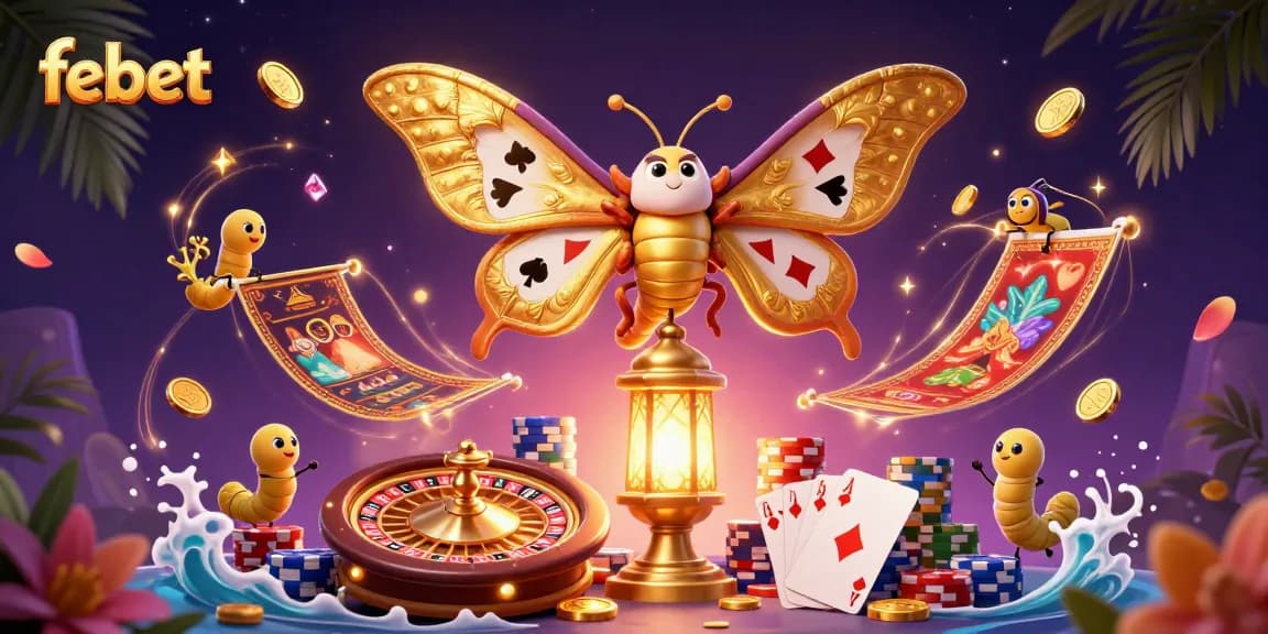 Experience thrilling gameplay with febet featuring a majestic atlas moth, golden treasures, and exciting casino elements.