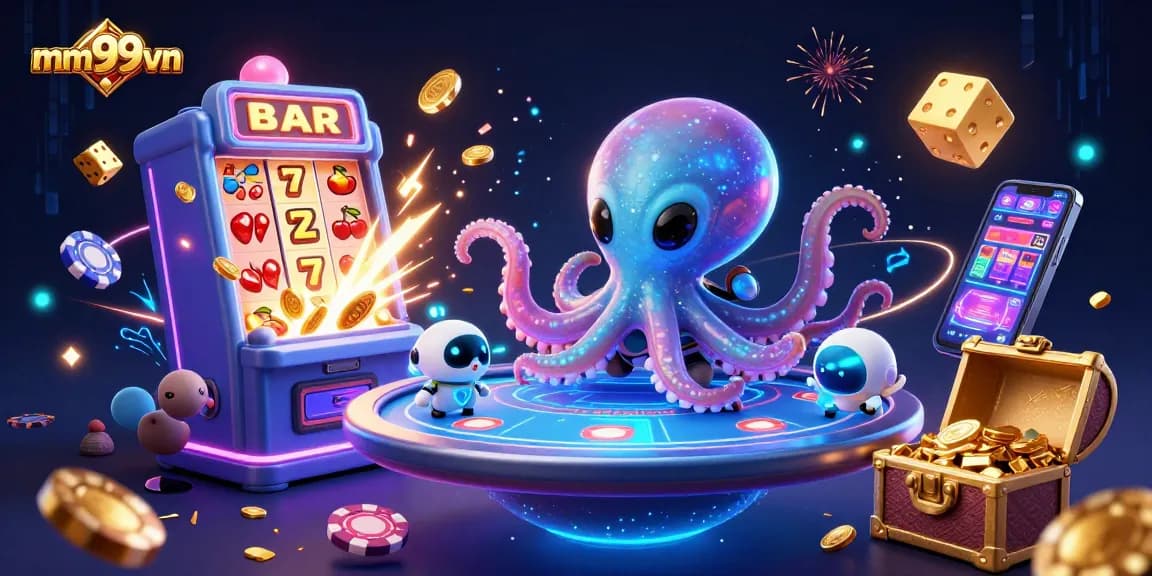 Engage with exciting features at mm99vn, where a cosmic octopus runs a holographic poker game.
