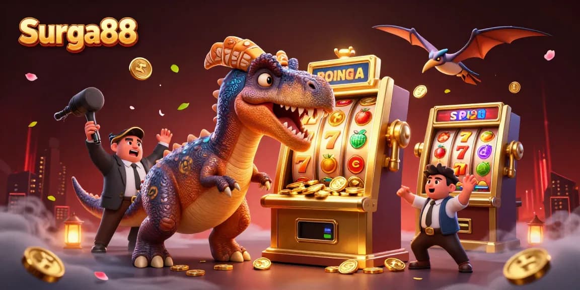 Surga88 slot machine pays out jackpot coins as dinosaurs interact in a vibrant casino scene.
