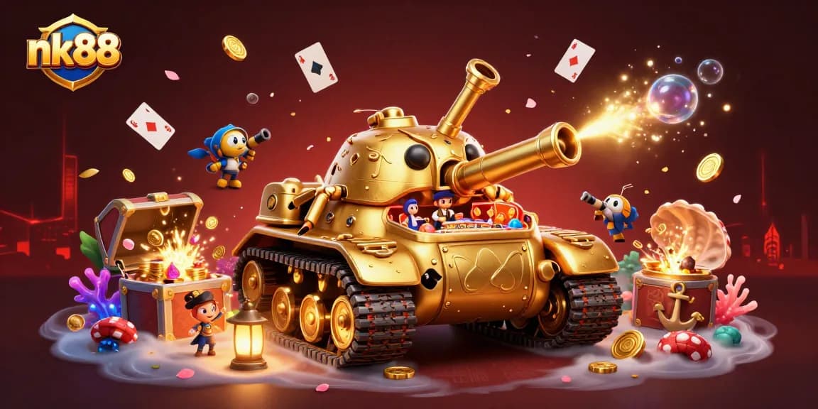 Experience nk88's unique charm with a golden beetle tank casino, exploding treasures, and vibrant gaming action.