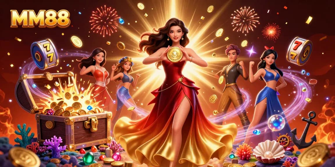 Experience the excitement of MM88 with golden coins and stunning visuals in this dynamic casino scene.