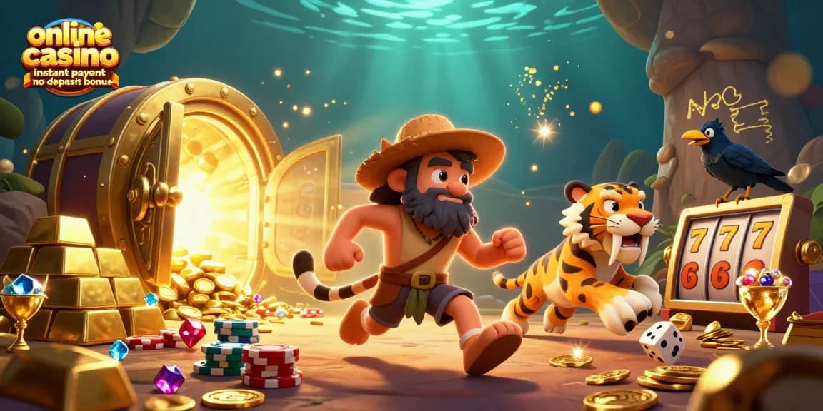 Experience the excitement of online casino instant payout no deposit bonus in this vibrant 3D scene featuring cavemen and treasures.