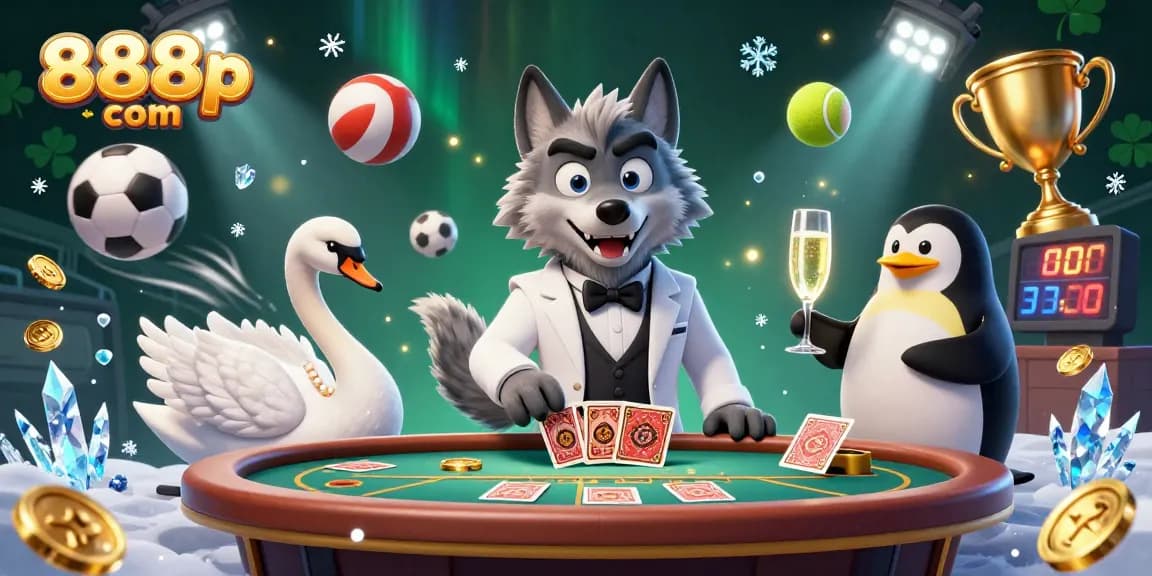 Experience thrilling action at 888p com with a dynamic scene featuring a wolf, swan, and penguin at a casino.