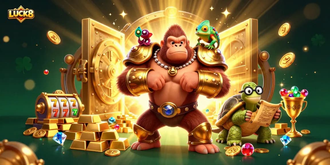 Engage in thrilling gameplay at LUCK8 with a gorilla king and treasure-filled scene, showcasing online casino excitement.