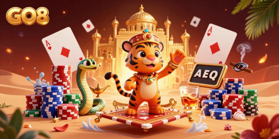 Experience dynamic GO8 gaming with a sultan and genie in a vibrant casino scene.