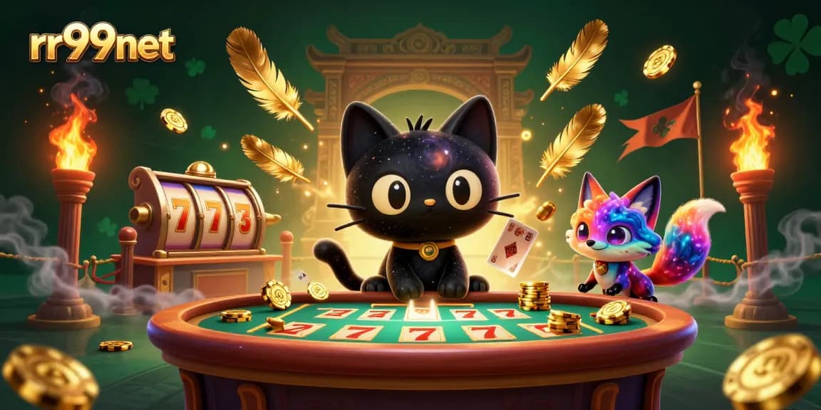 Experience the thrill of rr99net with dynamic casino action featuring a cosmic black hole cat and colorful nebula fox.