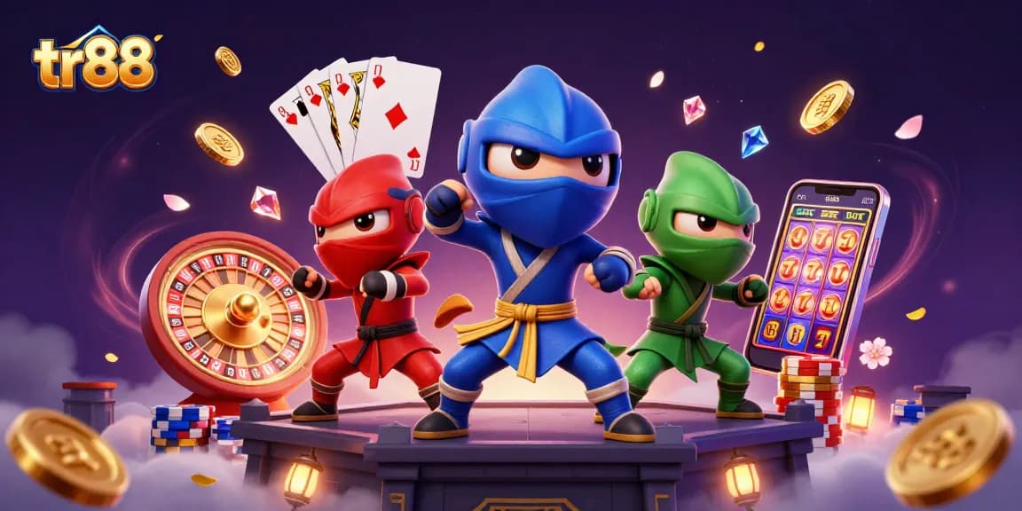 tr88 showcases a dynamic scene with ninja chameleons, casino elements, and vibrant action.