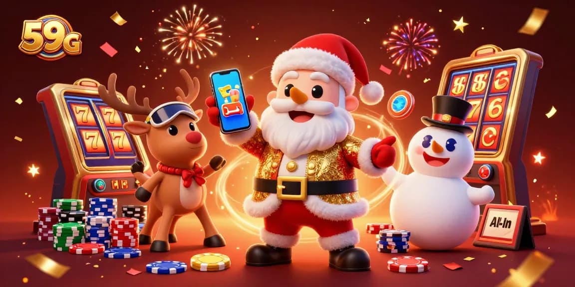 Winning big with 59G as Santa spins jackpot slots with friends, immersing in a vibrant casino atmosphere.
