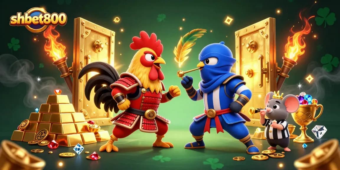 Experience the excitement of shbet800 with dynamic fighting roosters in a colorful gambling scene.