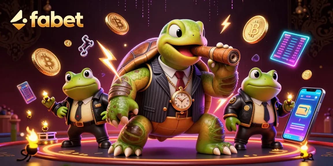Engage in exciting gaming at fabet with a vibrant scene of a turtle in a mobster suit and crypto elements.