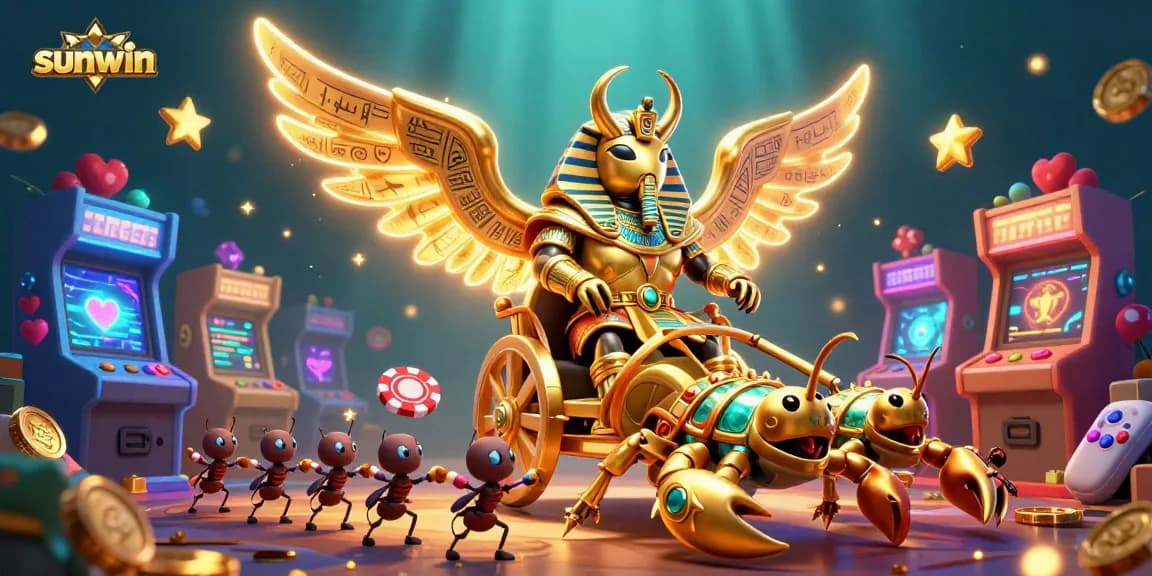 Win big with sunwin, featuring a colossal golden scarab beetle amid vibrant casino elements.