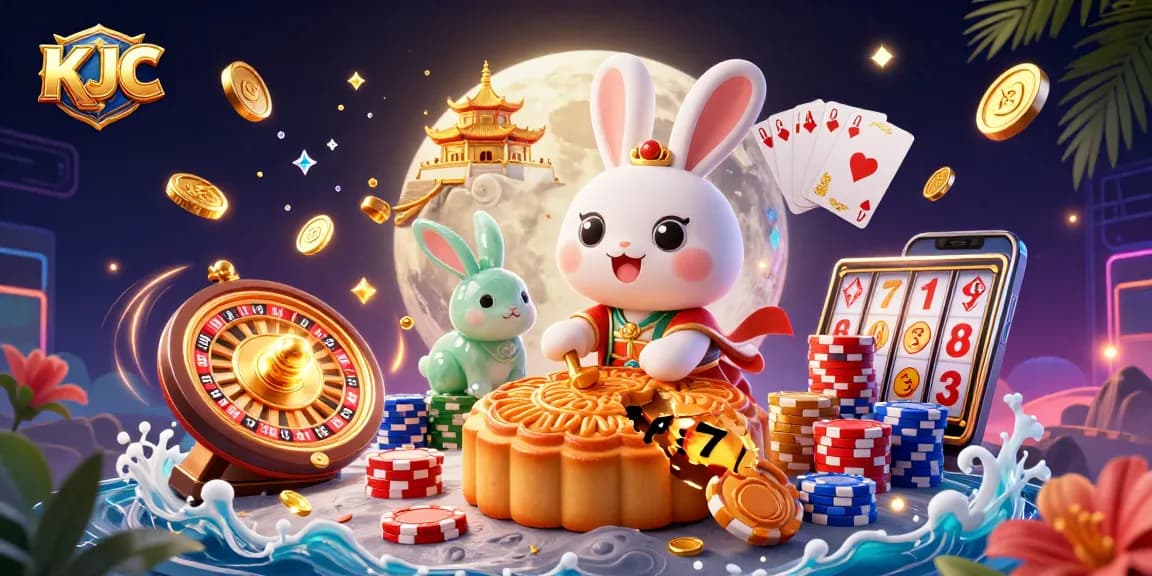 KJC's moon rabbit thrills players with lunar casino action featuring poker chips and vibrant game elements.