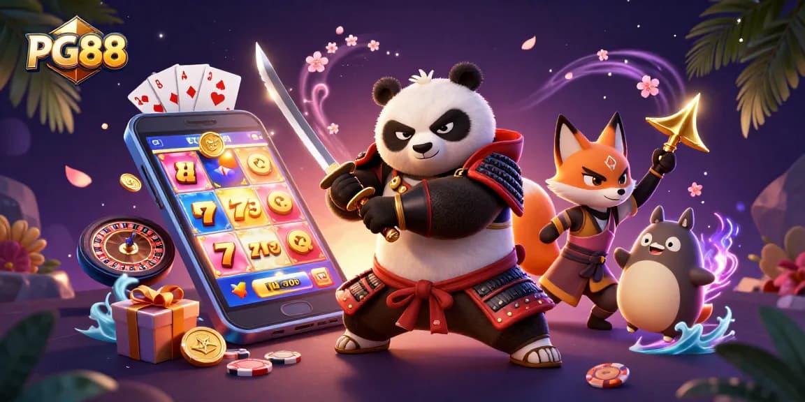 Engage with PG88's vibrant gaming world, featuring a samurai panda and ninja companions in action.