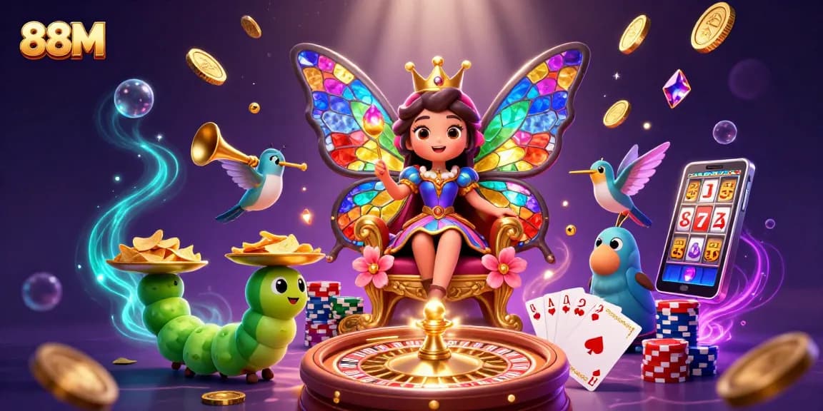 Engage in thrilling casino action with 88M, featuring a butterfly queen and vibrant gaming elements.