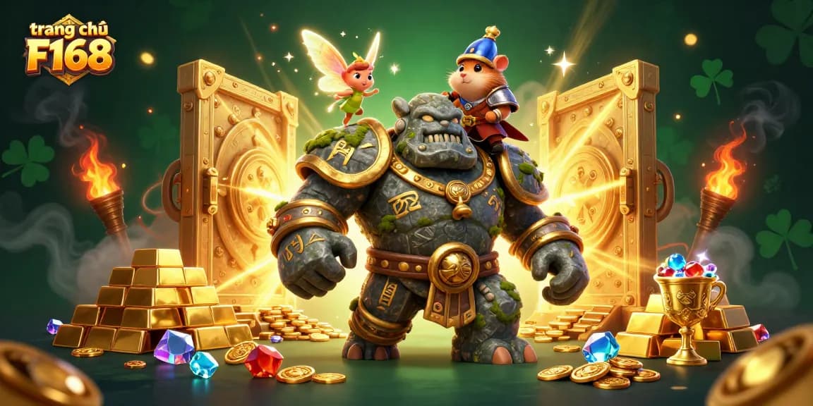 Engage with vibrant gaming treasures on trang chủ F168, featuring a magical scene with fantasy characters and treasures.