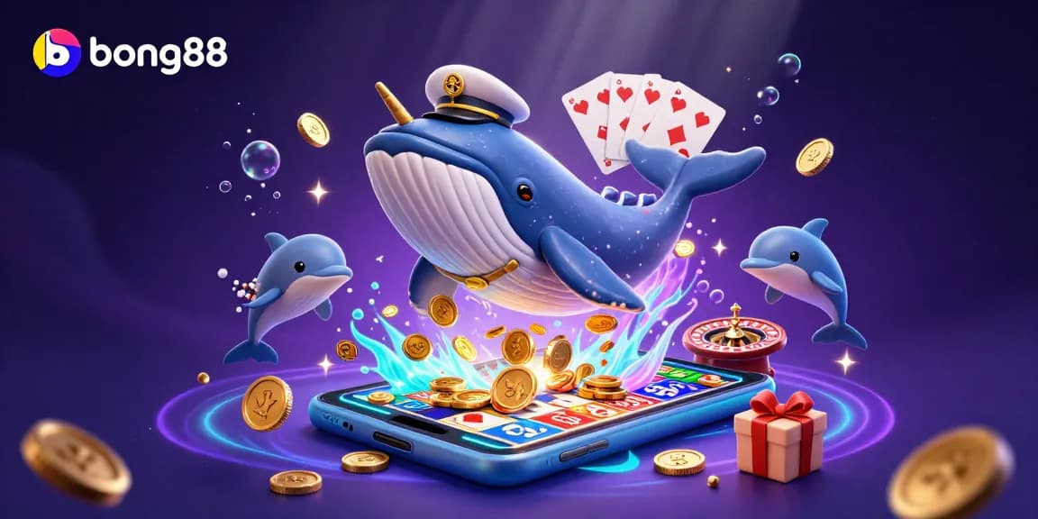 Bong88 showcases a vibrant 3D casino scene with a whale and playful dolphins enjoying slots and poker.