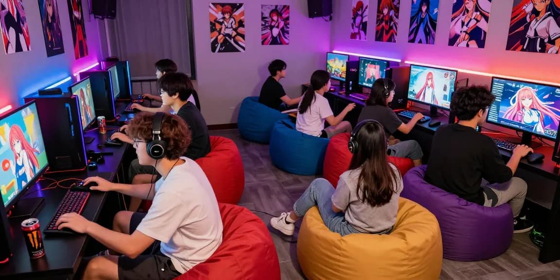 Engaged players enjoying popular hentai games in a vibrant gaming lounge.