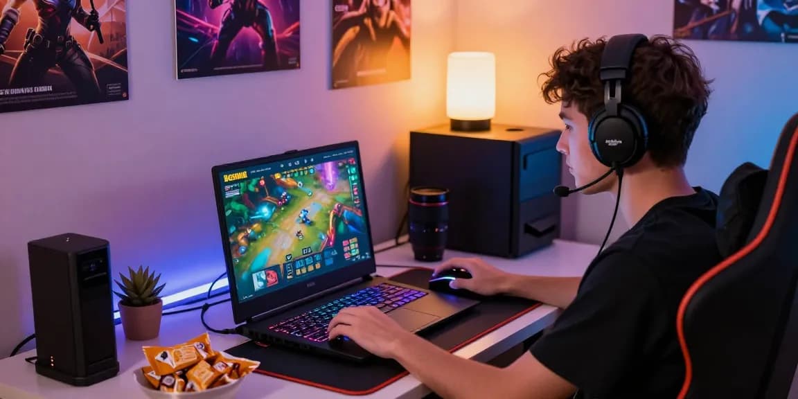 Pengguna aktif menikmati platform boswin 88 dengan laptop gaming dalam suasana menarik.