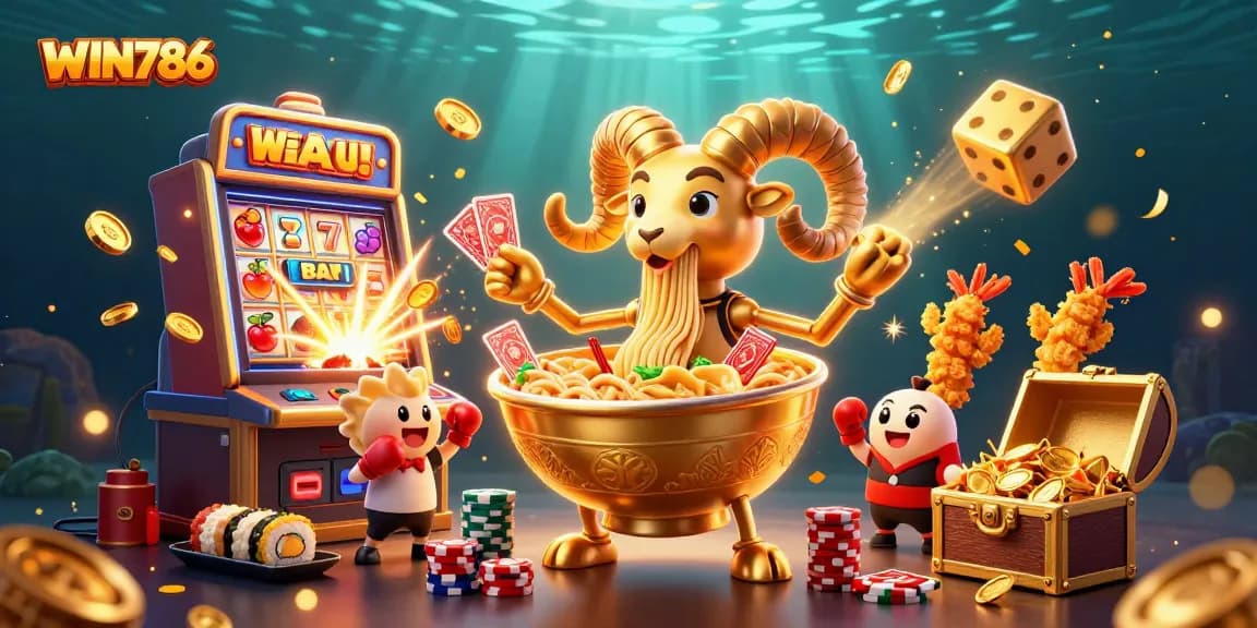Experience the thrilling world of WIN786 with our vibrant 3D casino illustration featuring playful characters and action elements.