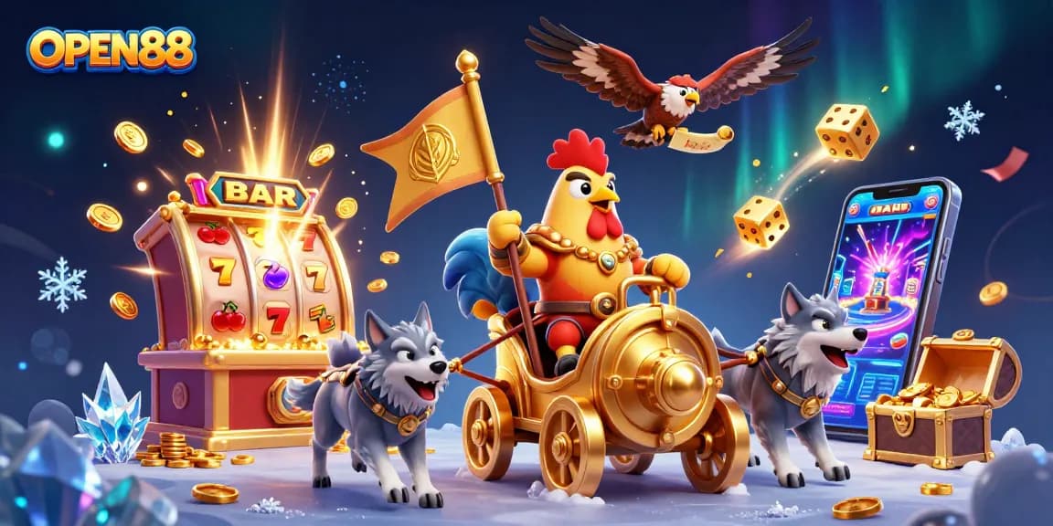 Experience thrilling gaming adventures with OPEN88's exciting casino scene showcasing jackpots and vibrant characters.