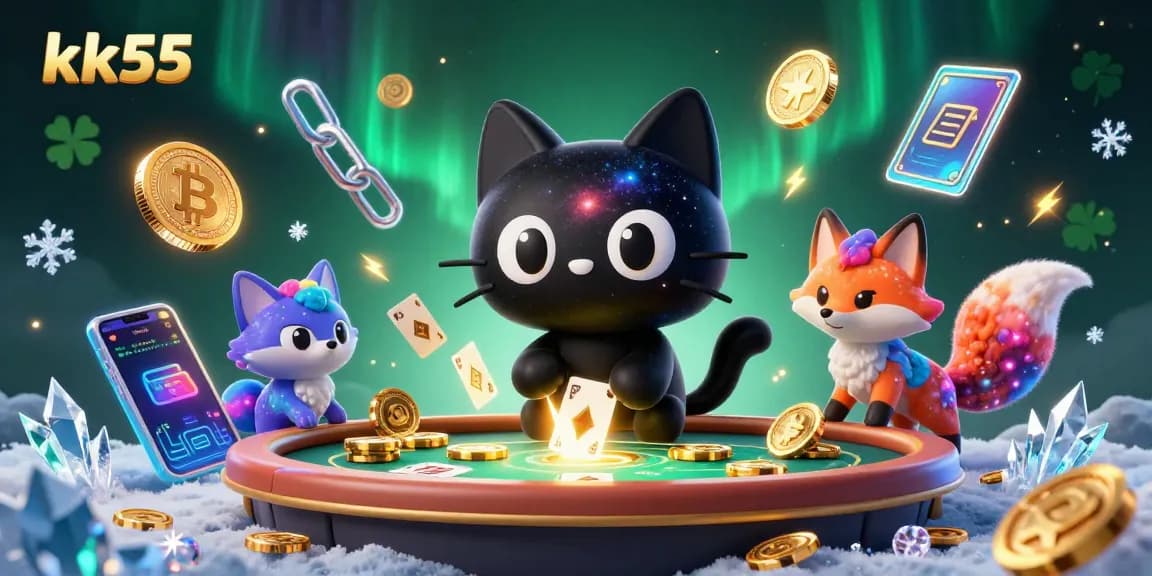 Engage in advanced gaming strategies at kk55's cosmic casino with colorful crypto elements.