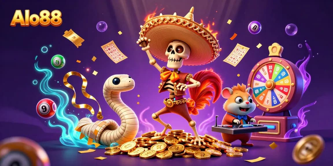 Alo88 ignites excitement with a vibrant 3D casino scene featuring a dancing rooster and dynamic lottery elements.