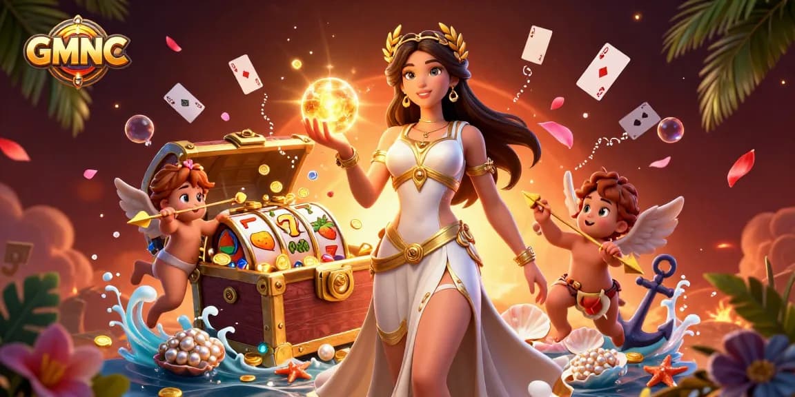 Experience thrilling moments at GMNC casino with stunning 3D illustration of a goddess amid gold and games.