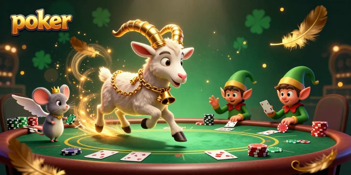 Poker scene with Krampus goat managing games while elf gremlins steal chips and a mouse restores order.