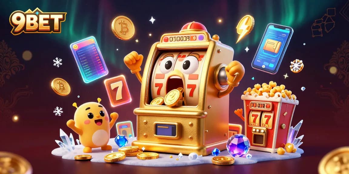 Experience winning excitement at 9BET with golden slot machines celebrating jackpots amidst cryptocurrencies.