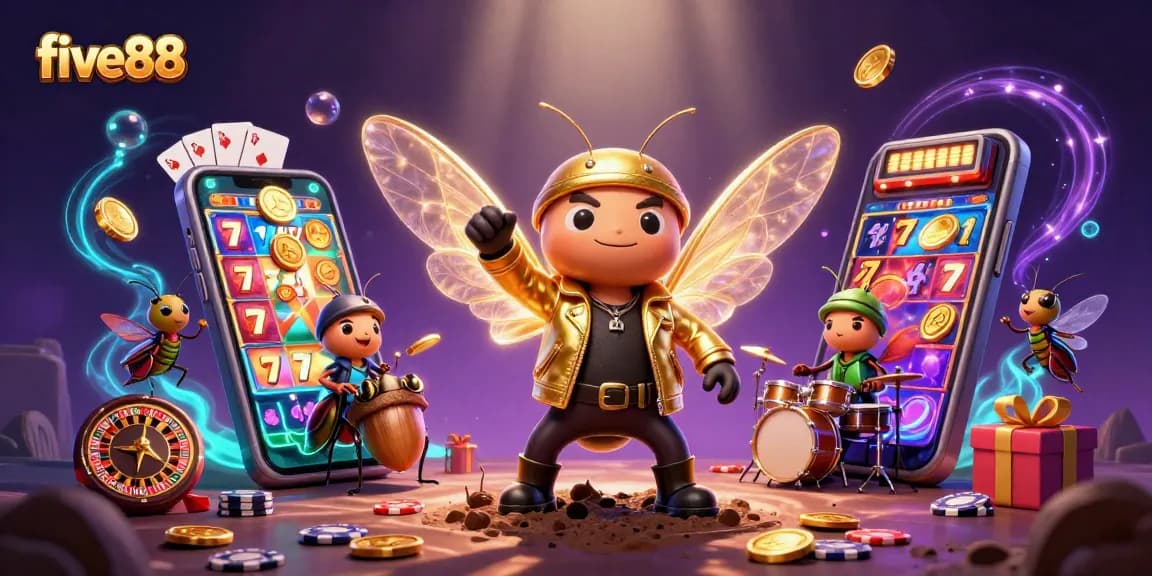 Experience excitement with the five88 rock star cicada in a vibrant casino scene celebrating winning.
