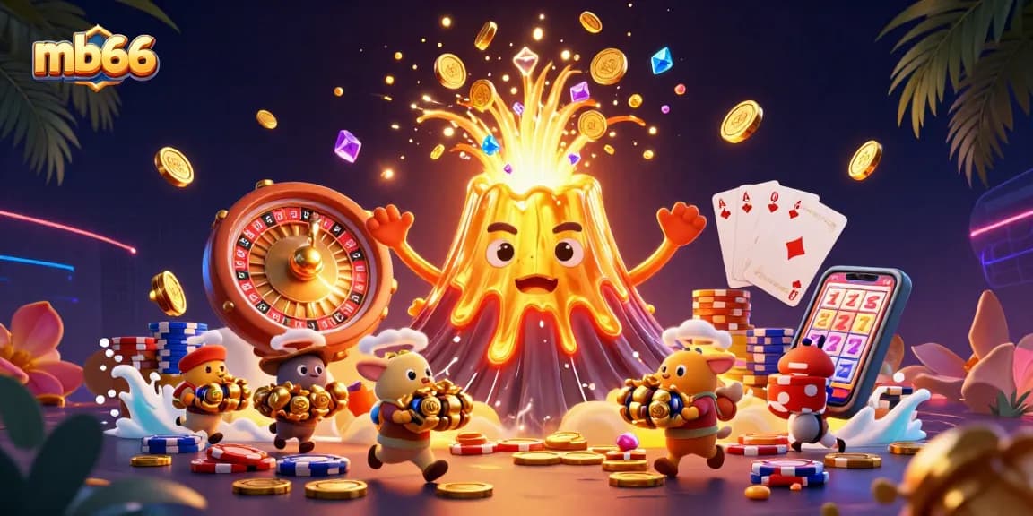 Experience thrilling wins at mb66 with a vibrant 3D casino scene featuring triumphant volcano and treasure.