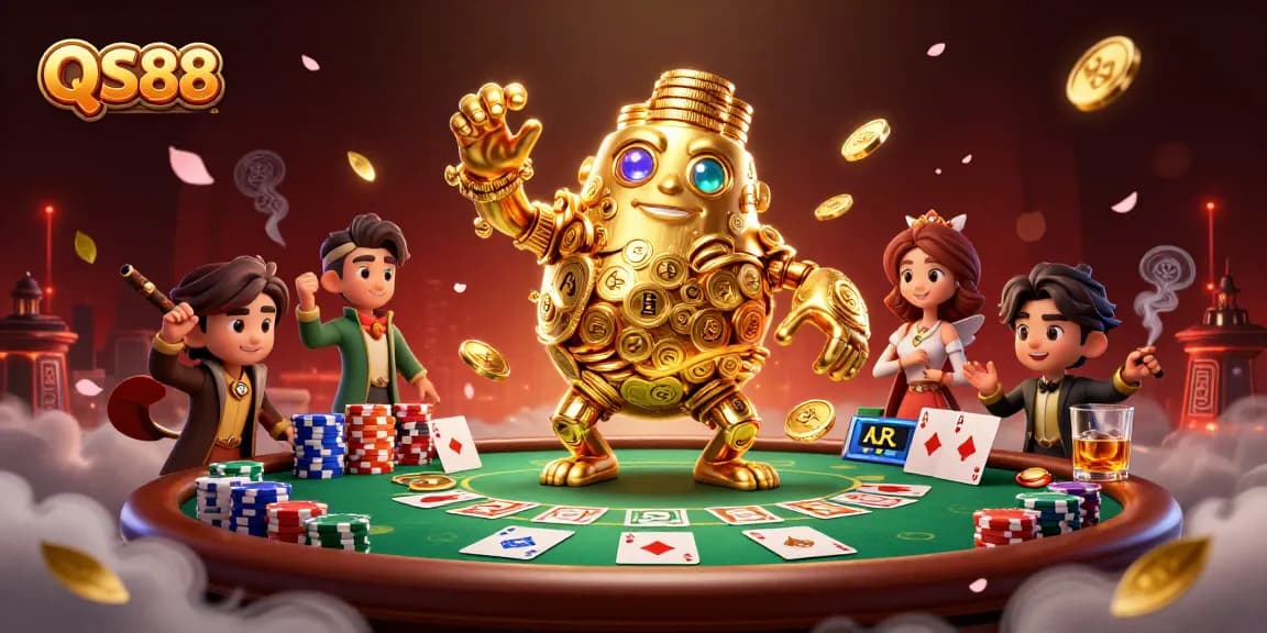 QS88 online casino features a golden golem, poker elements, and dynamic game atmosphere.