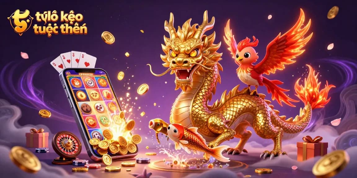 Engage with tỷ lệ kèo trực tuyến in an exciting 3D digital illustration of dragon, phoenix, and koi, surrounded by casino elements.