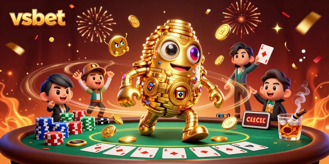 Engage with the vibrant vsbet casino scene featuring a golden golem and poker elements.