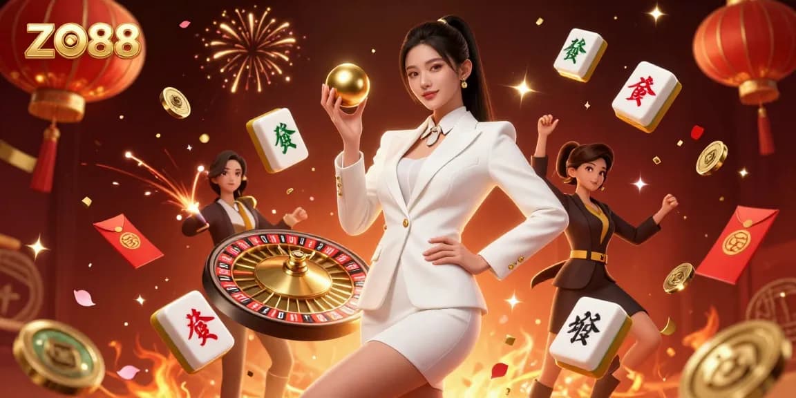 Experience thrilling gameplay at ZO88 with a glamorous Asian woman showcasing a roulette ball amidst luxury casino elements.