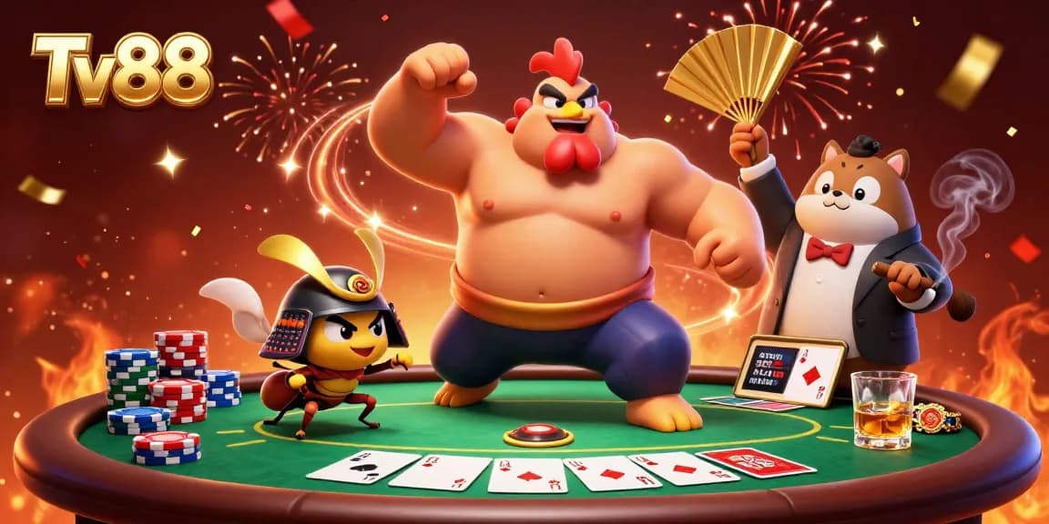 Experience thrilling games at Tv88 with powerful characters enjoying poker and excitement.