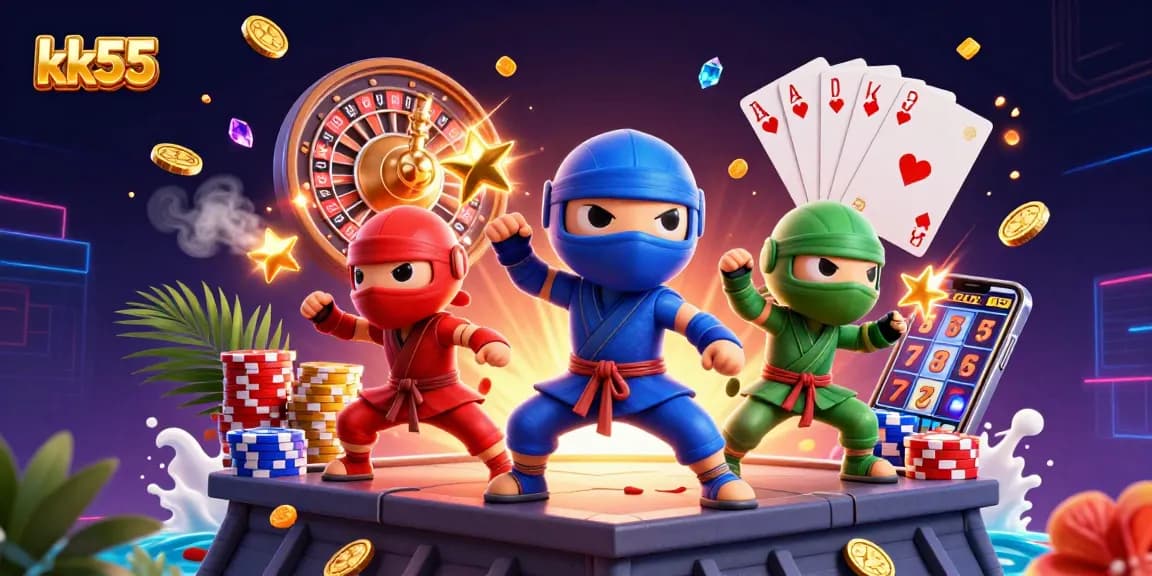 kk55 casino experience with cartoon ninja chameleons, showcasing dynamic gaming elements and vibrant colors.