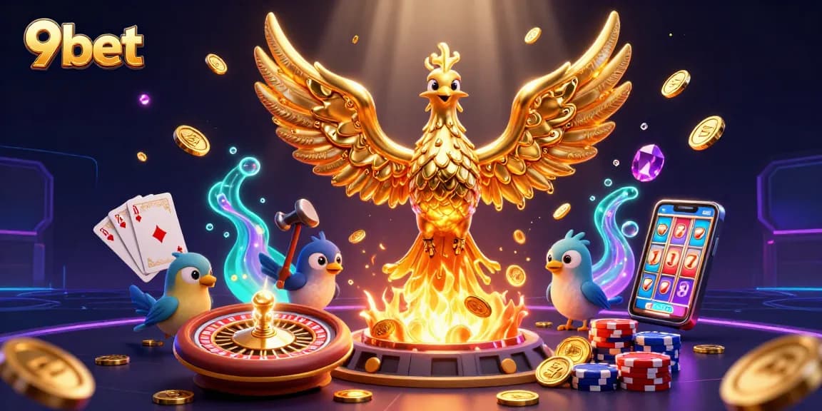 Spin the reels at 9bet with a golden phoenix and vibrant casino elements in a captivating 3D illustration.