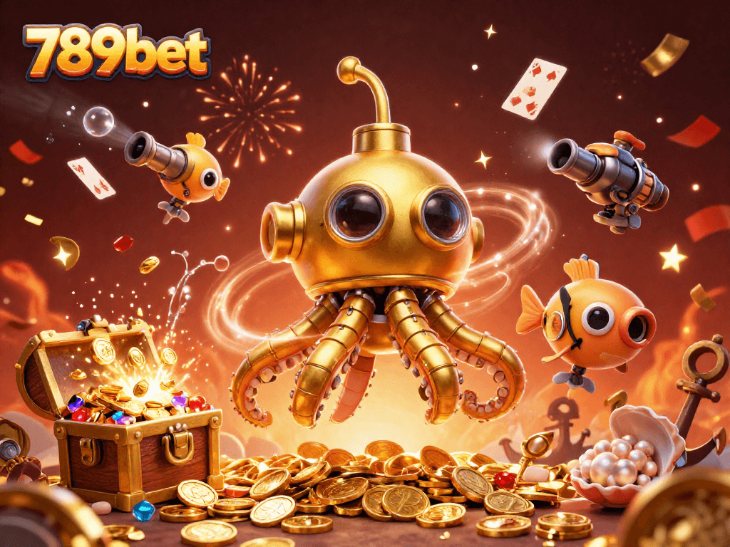 Experience thrilling moments with 789bet's mechanical sea creatures amidst gold coins and vibrant casino symbols