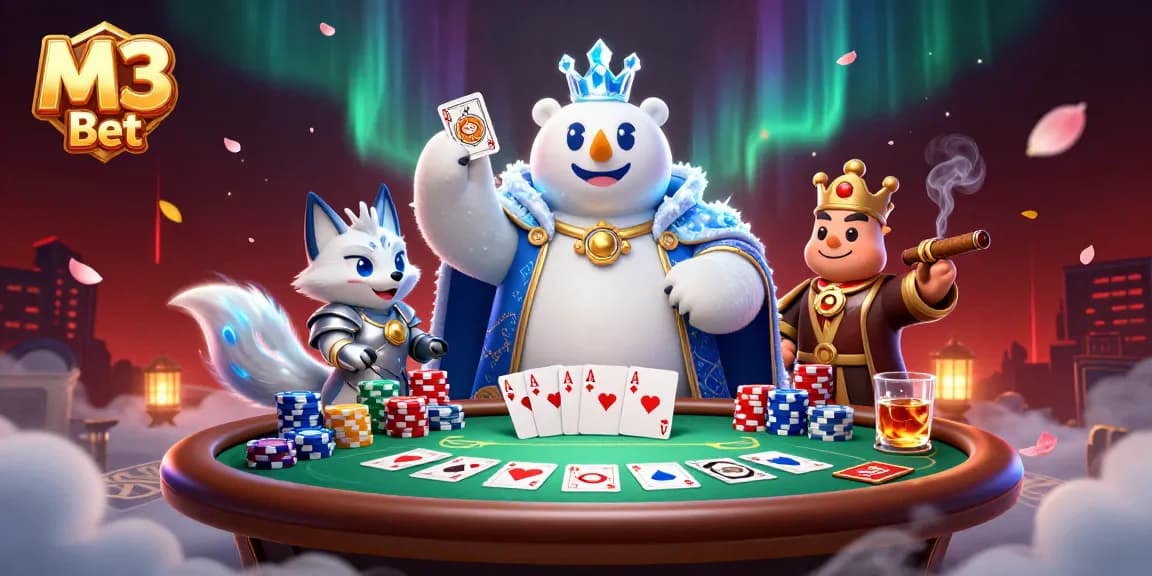 Engage in thrilling poker games at M3 Bet, featuring unique characters and vibrant casino elements.