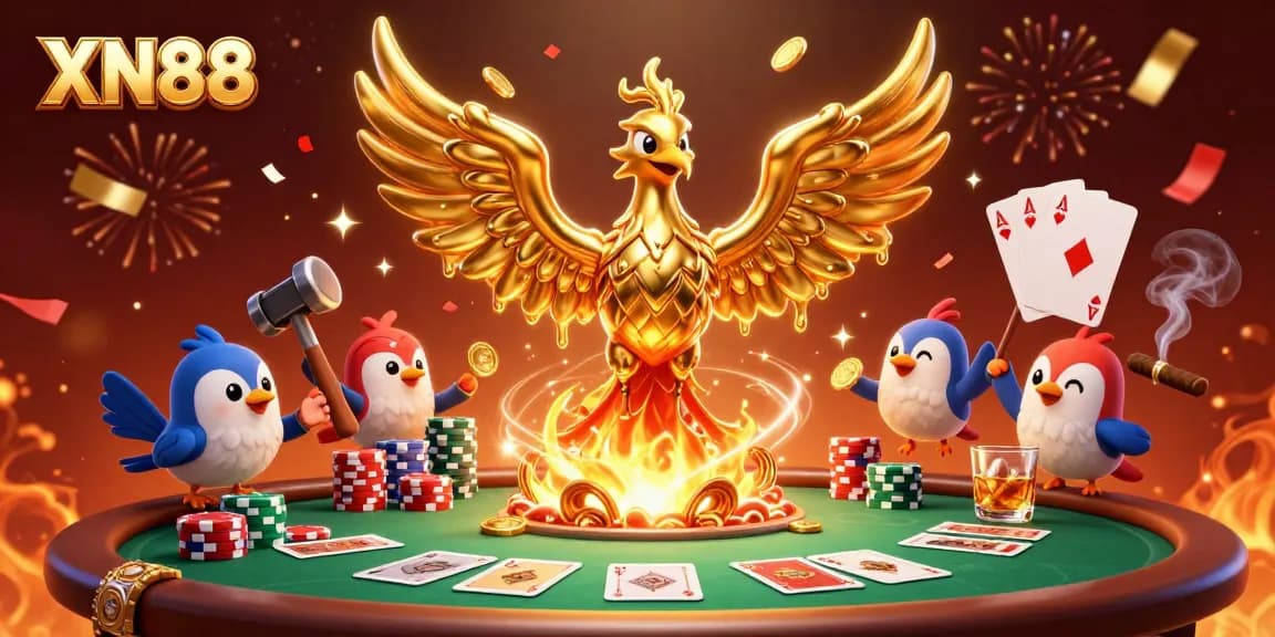 Experience thrilling gaming at XN88 with a dazzling display of gold coins and poker elements in dynamic action.