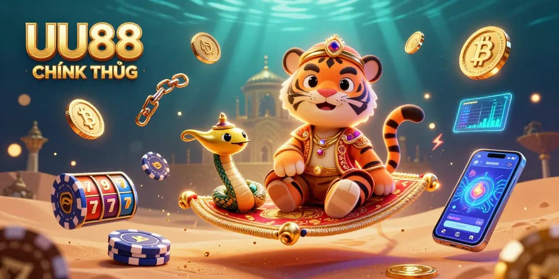 UU88 CHÍNH THỨC showcases an energetic scene featuring a tiger sultan and vibrant casino elements.