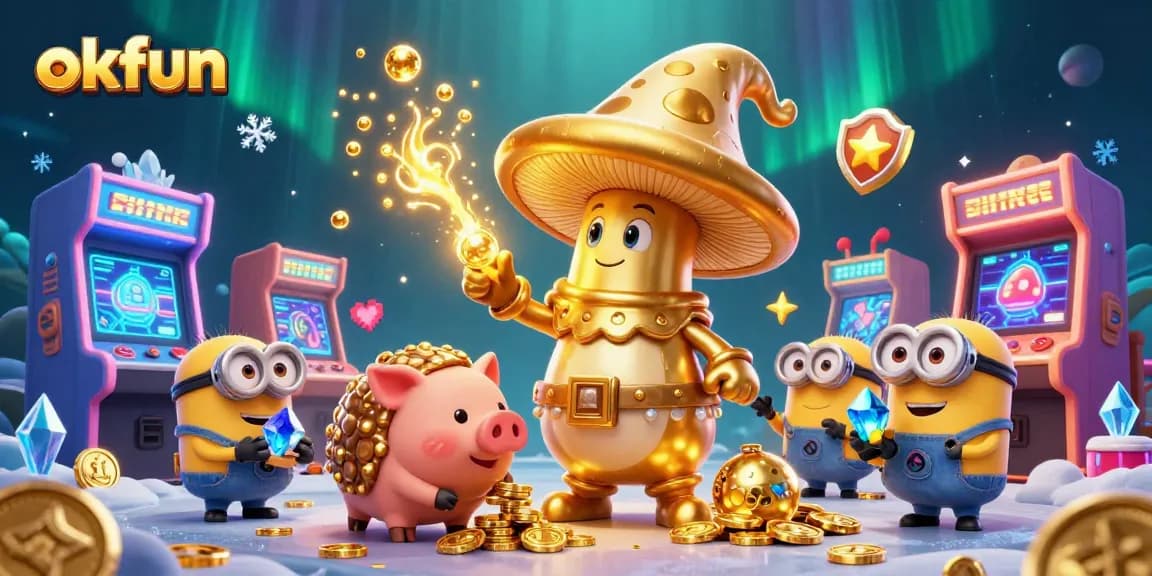 Engage with okfun's magical world, featuring a wizard and treasures amidst vibrant casino elements.