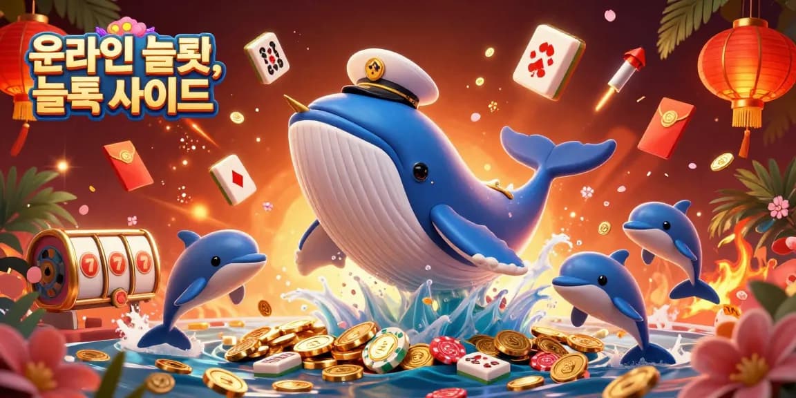 Experience the excitement of 온라인 슬롯, 슬롯 사이트 with a 3D illustration featuring a whimsical whale and playful characters amidst coins and casino symbols.