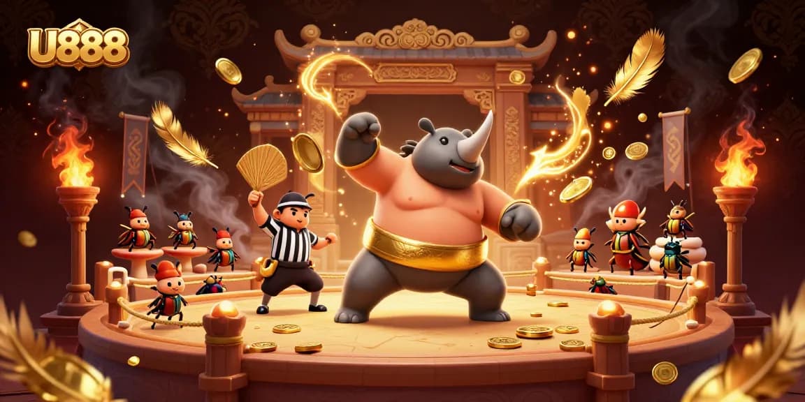 U888 showcases a dynamic 3D scene of beetle champions and golden coins flying during intense gambling action.