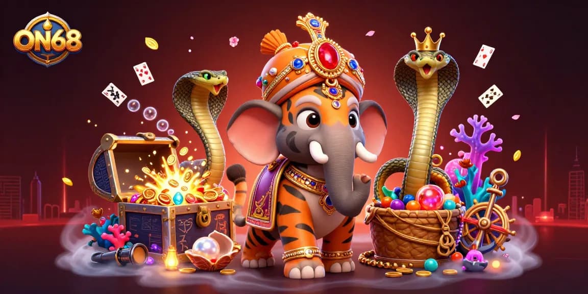 Experience the allure of ON68 with a vibrant 3D illustration of a majestic gaming scene featuring a tiger and treasure elements.
