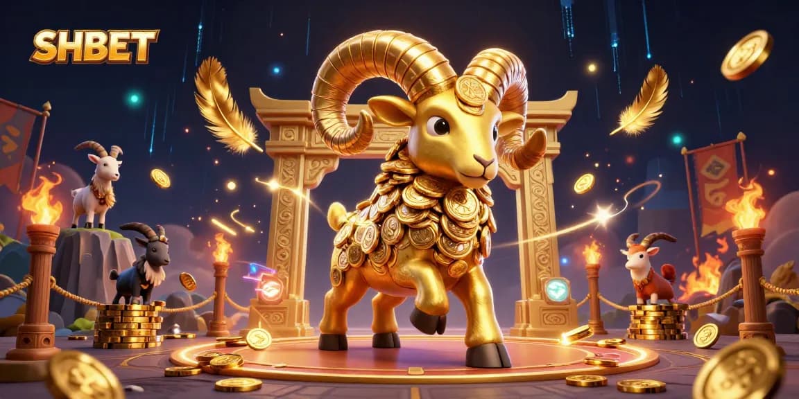 Experience the dynamic thrill of SHBET with a golden ram charging at a casino gate amidst vibrant elements of gaming.