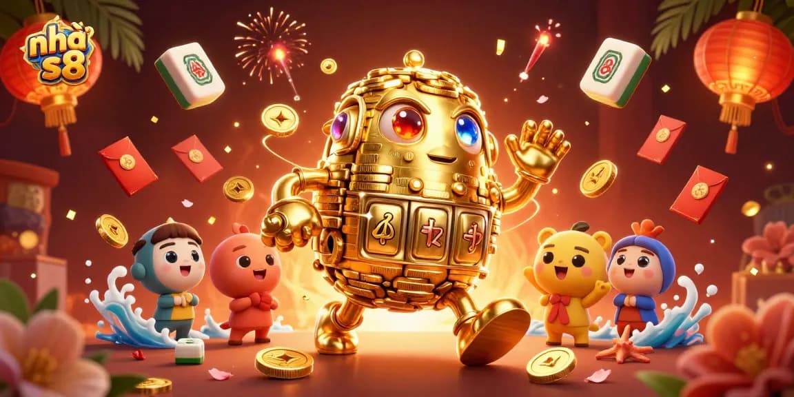 Engage with nhà cái s8's vibrant gaming world featuring a golden golem surrounded by festive casino elements.